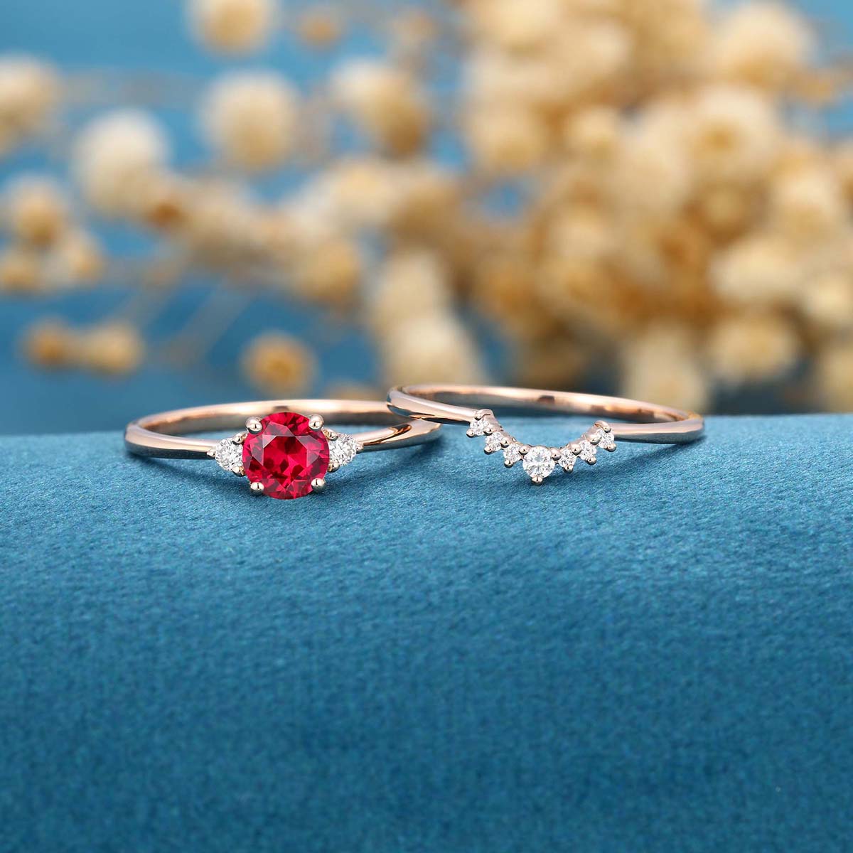 Round  cut Lab Ruby Cluster Engagement ring Bridal Set 