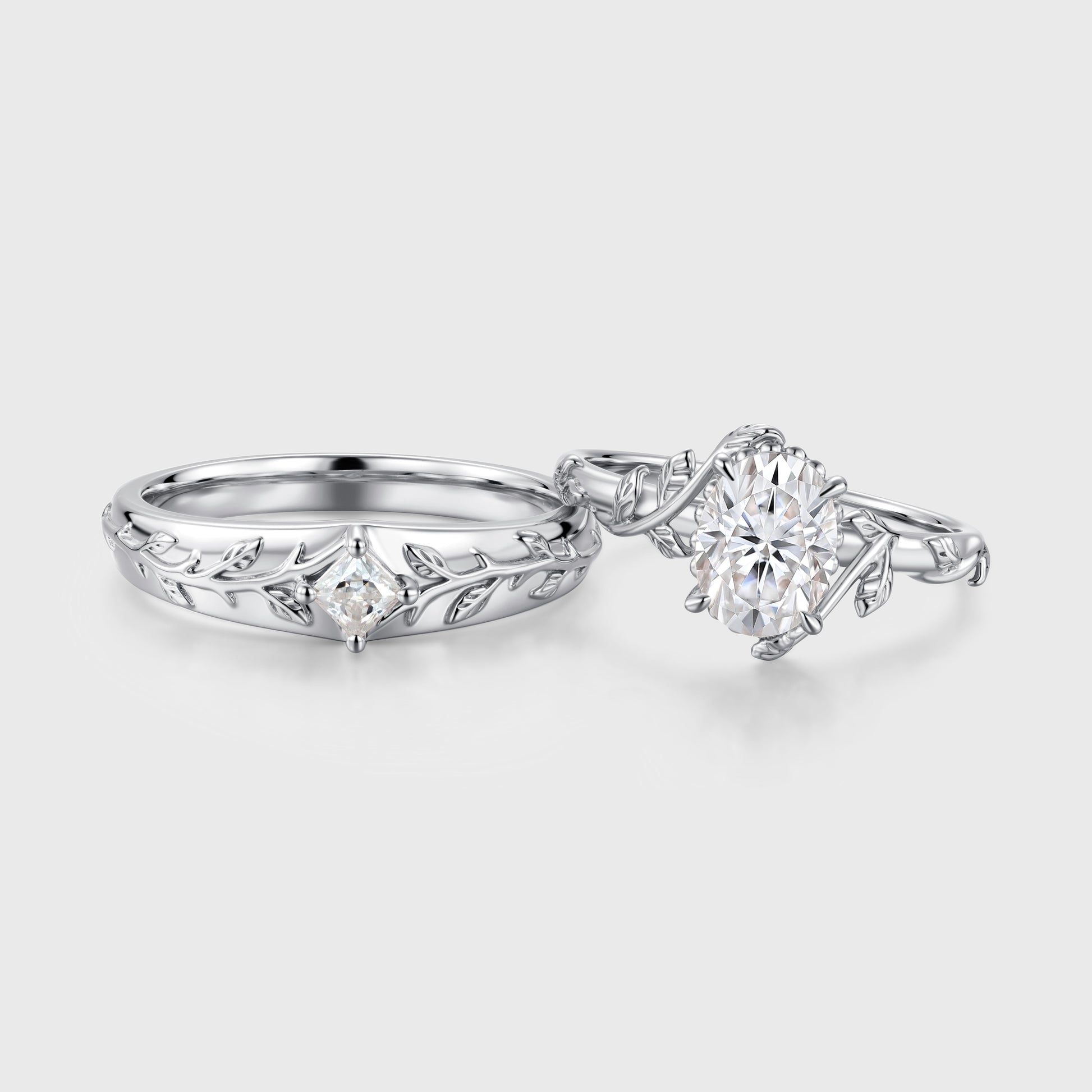 Nature Inspired Moissanite Couple Rings | D Color VVS1 | Rose Gold Leaf Wedding Bridal Set