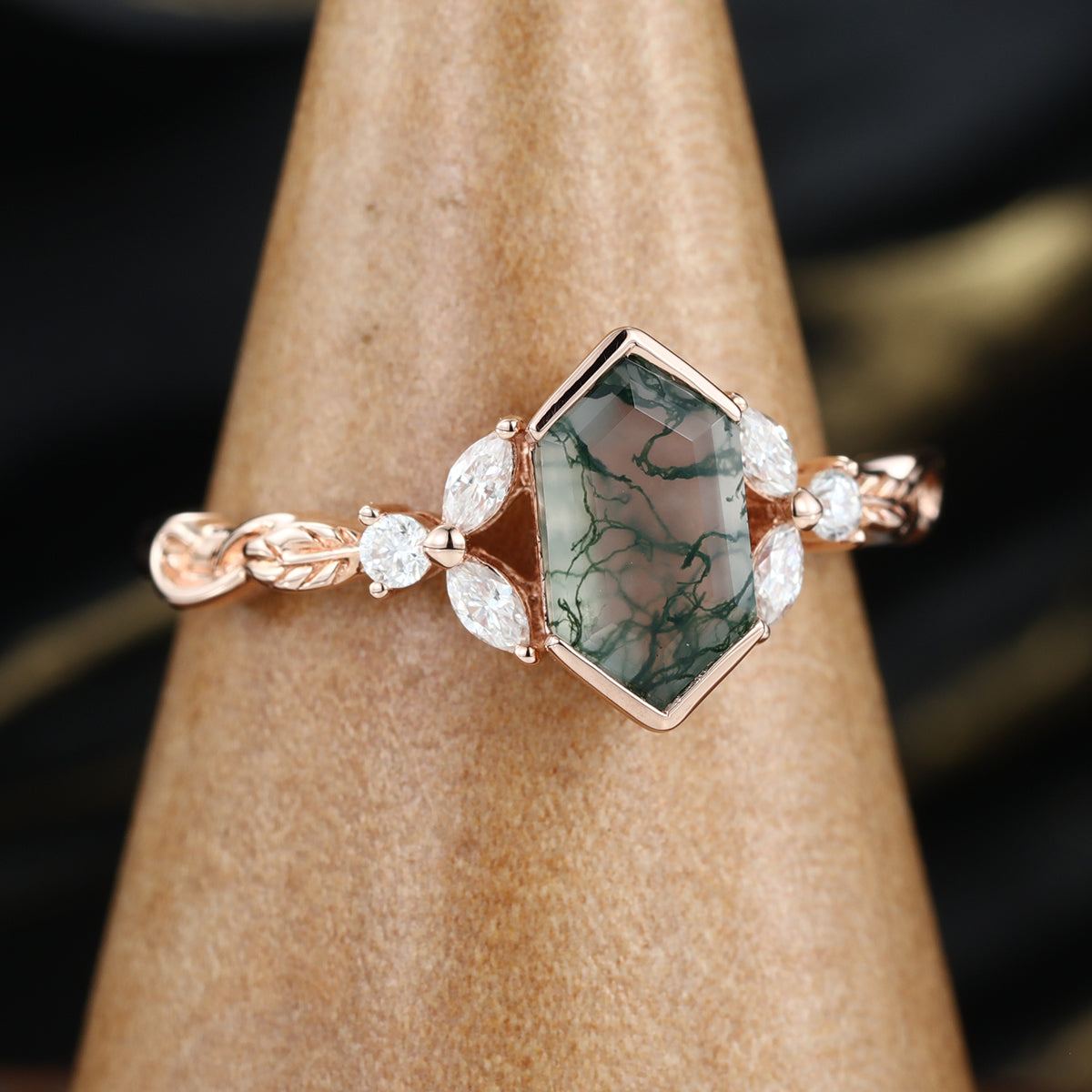 Long Hexagon cut Moss Agate Damonds Leaf Gold Engagement Ring
