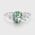 Oval Cut Natural Green Moss Agate Cluster Engagement Ring