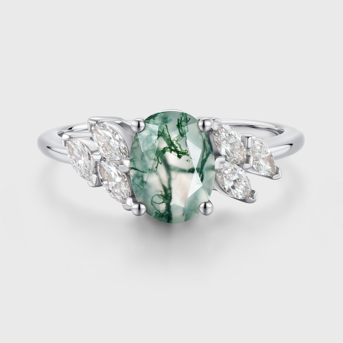 Oval Cut Natural Green Moss Agate Cluster Engagement Ring