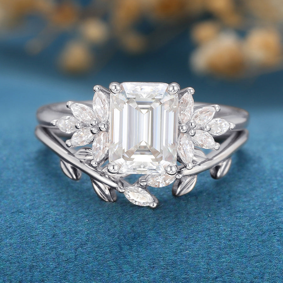 2PCS Emerald Cut Moissanite Cluster Engagement ring Bridal Set