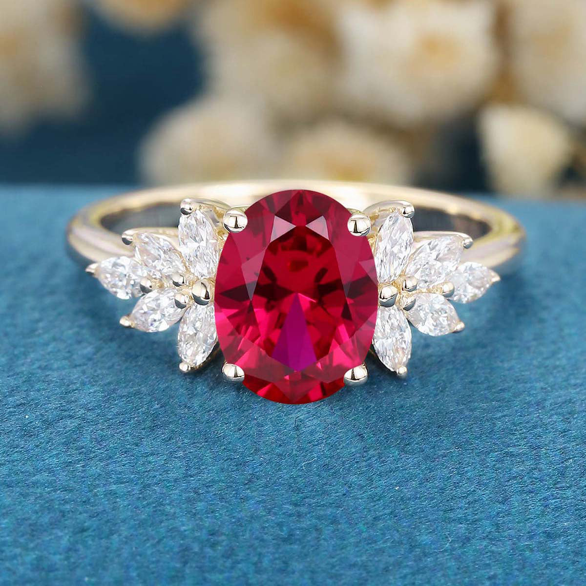 1.5Carat Oval cut Lab Ruby Cluster Engagement Ring