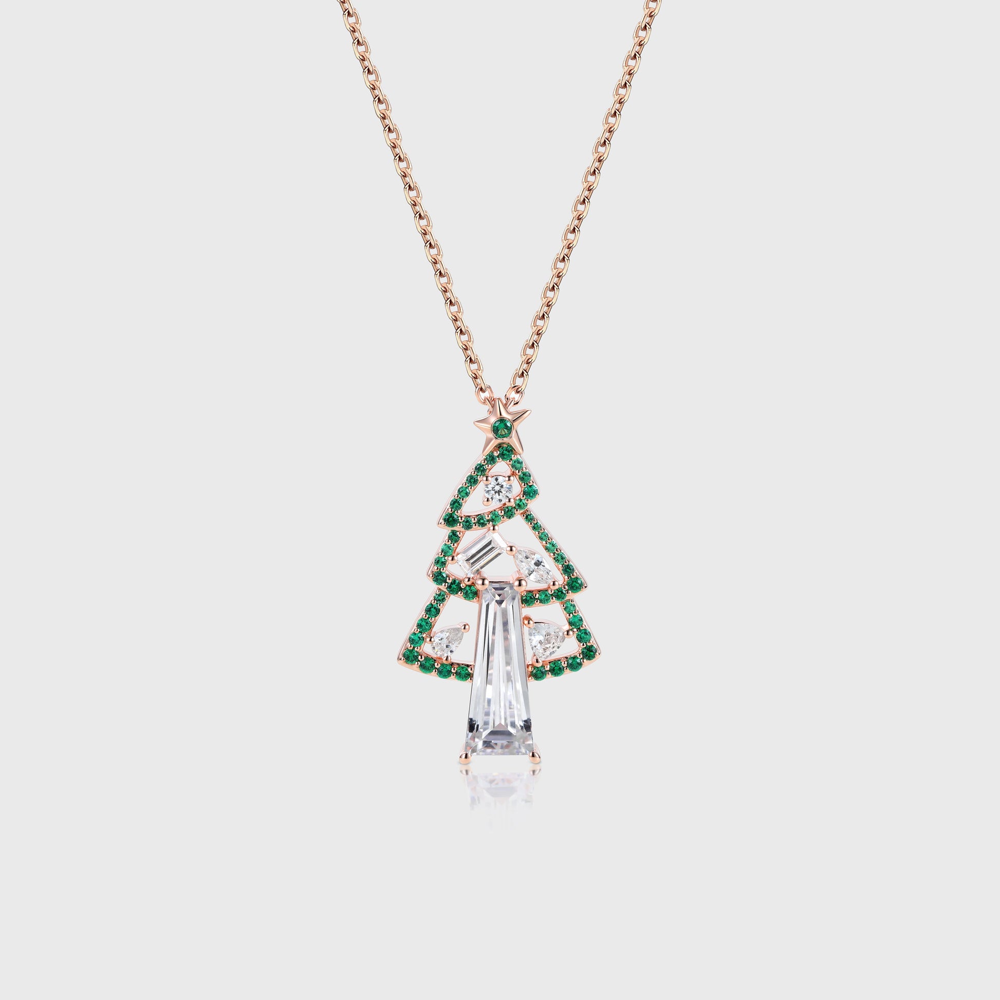 Christmas Tree Pendant Necklace with Moissanite + Lab Emerald Halo Accents