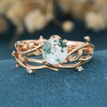 Nature Inspired Round cut Moss Agate Leaf Gold ring set