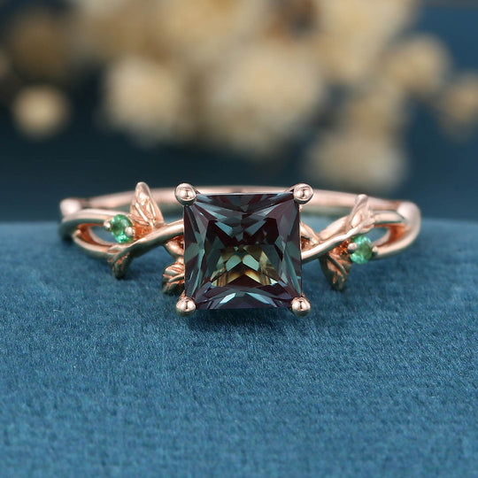 Nature Inspired Princess cut LabAlexandrite Leaf Gold Engagement Ring