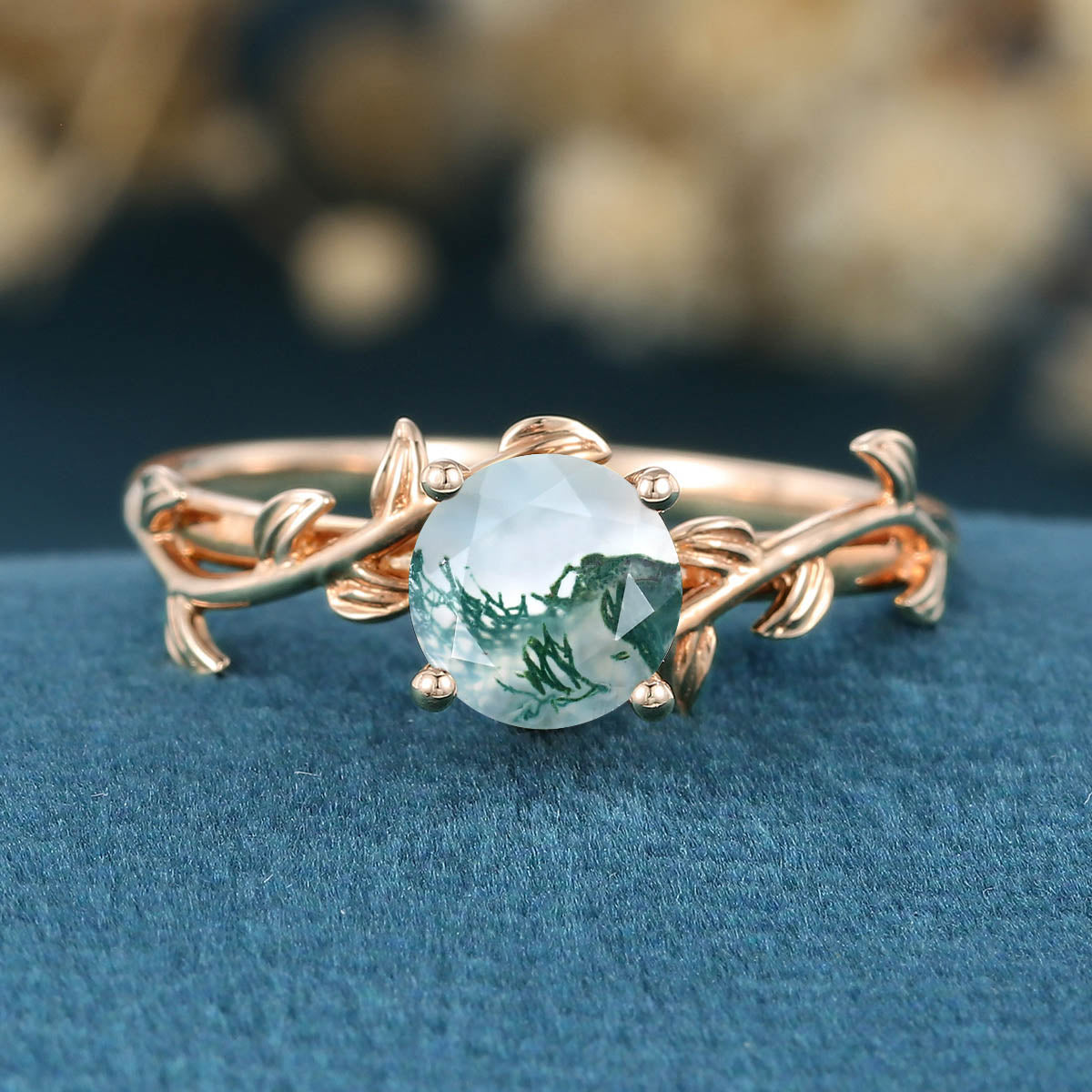 Nature Inspired Round cut Moss Agate Leaf Gold Engagement Ring