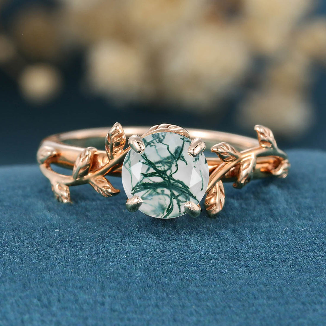 Nature Inspired Round cut Moss Agate Leaf Gold Engagement Ring