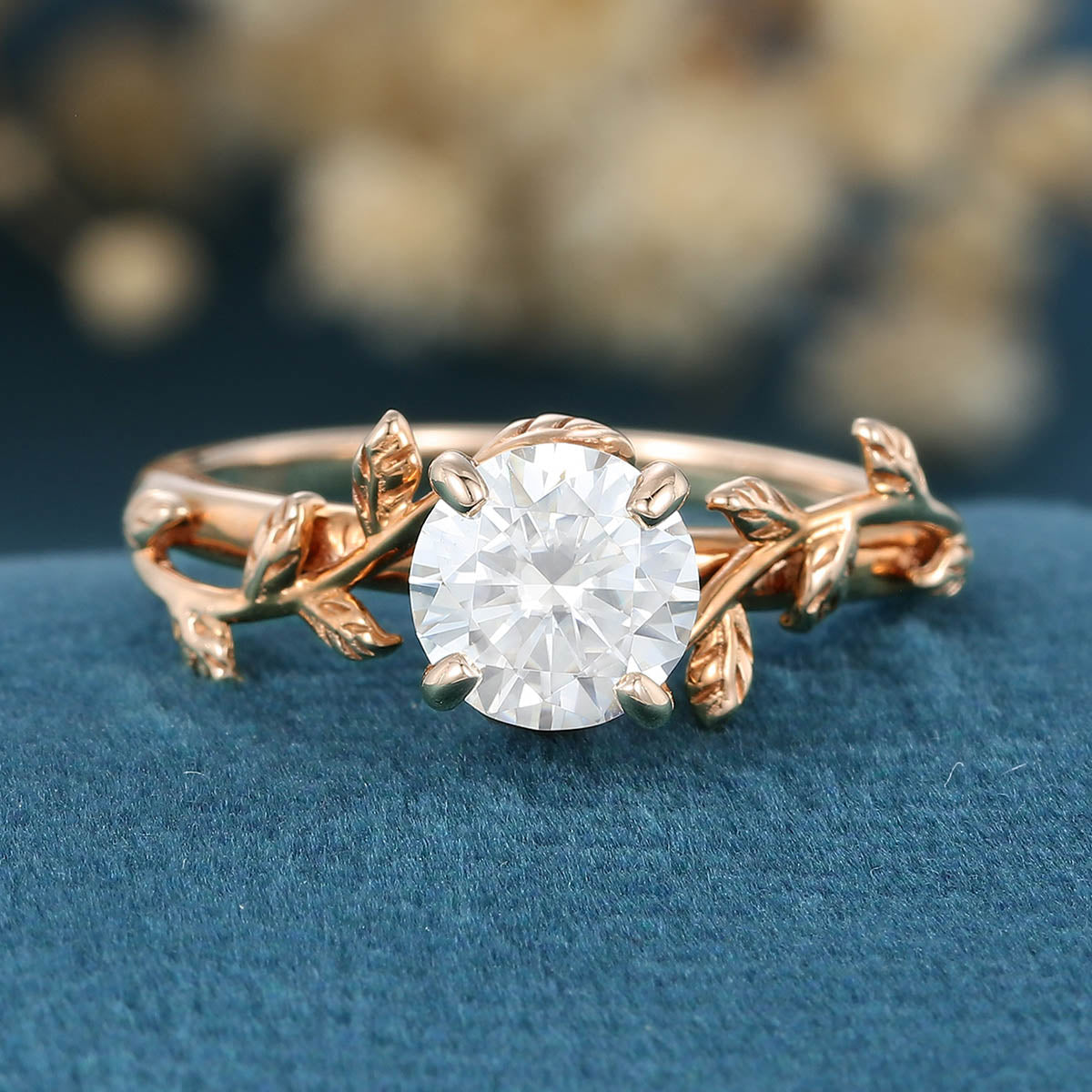 Nature Inspired Round cut Moissanite Leaf Gold Engagement Ring