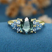 1.5Cara Oval Blue Green Sapphire Cluster Engagement Ring