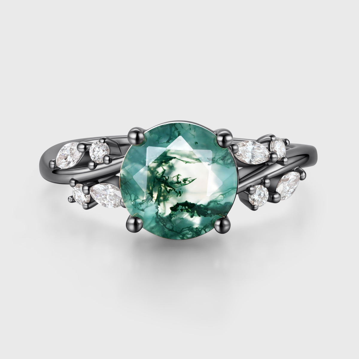 Round cut Moss Agate Matching Moissanite | Diamonds Gold Engagement Ring