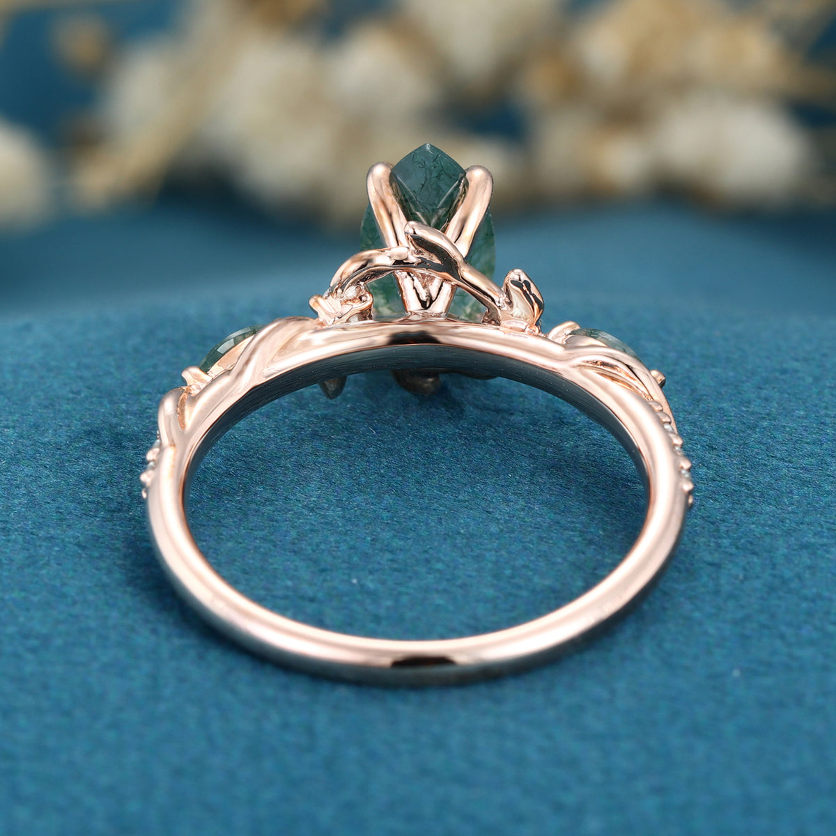 Nature Inspired Marquise cut Moss Agate Solid Gold Engagement Ring