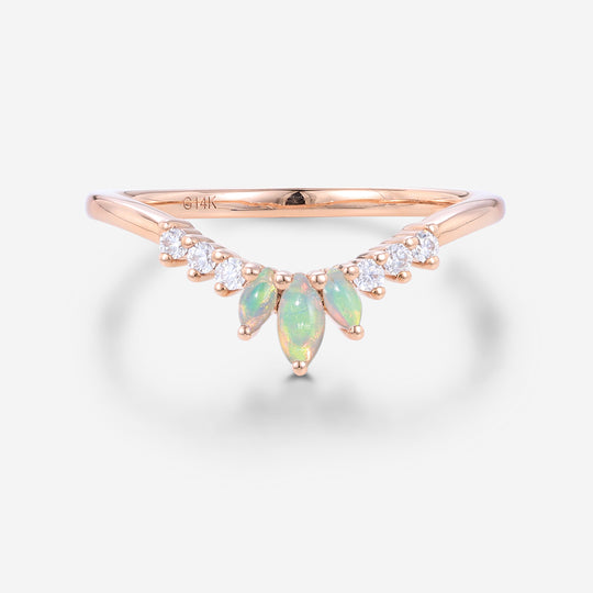 Marquise cut Opal  Round Moissanite | Diamond Curved Wedding Band Ring