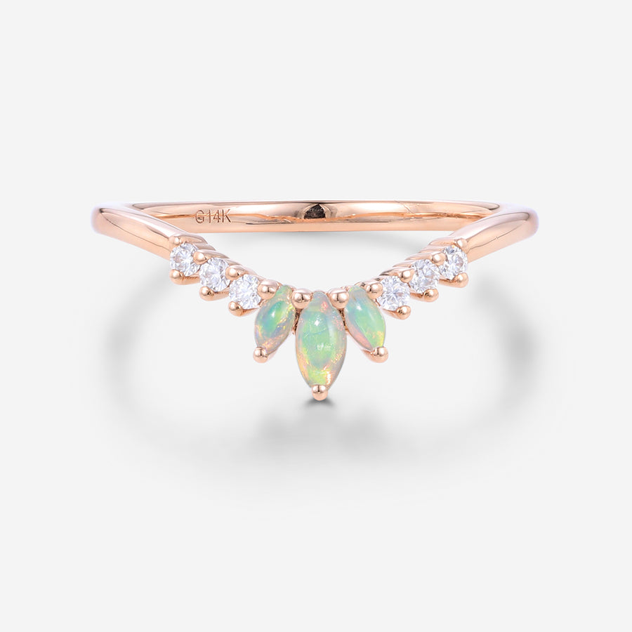 Marquise cut Opal  Round Moissanite | Diamond Curved Wedding Band Ring