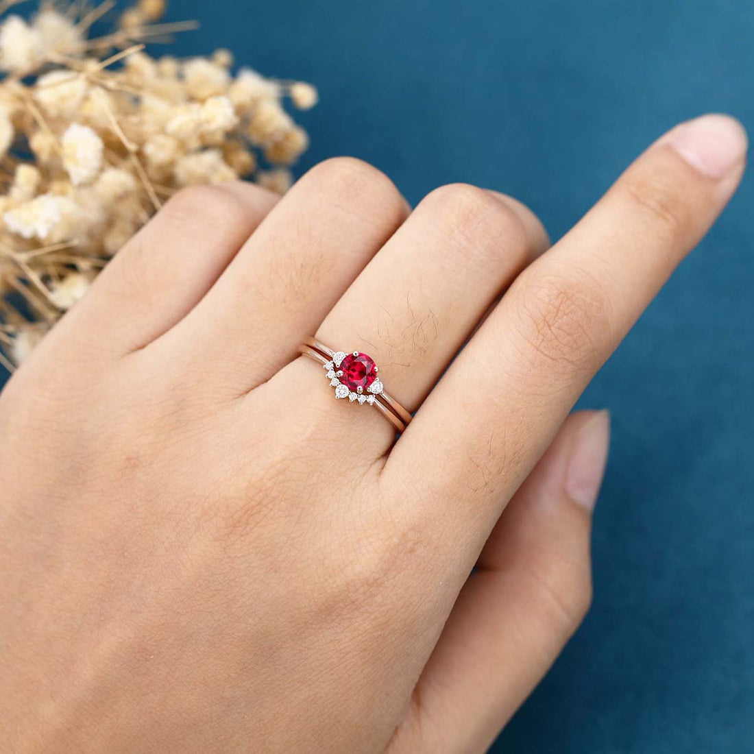 Round  cut Lab Ruby Cluster Engagement ring Bridal Set