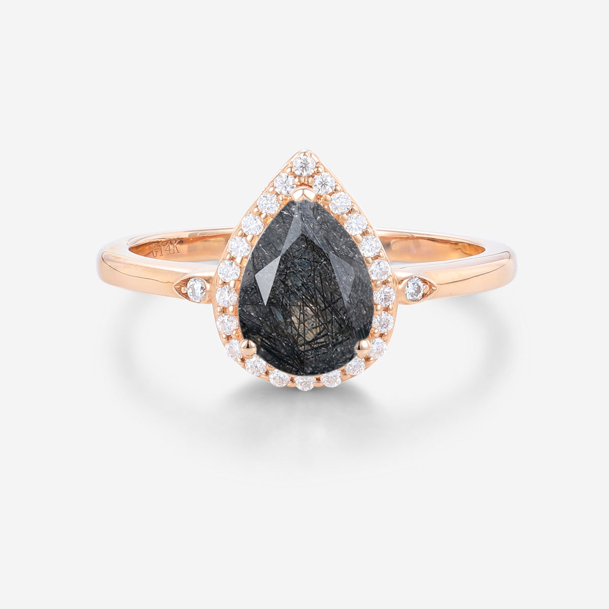 Pear cut Black Rutilated Quartz Halo Engagement ring