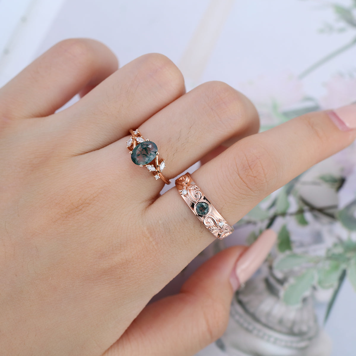 Forever Glow Moss Agate Couple Rings | Rose Gold Leaf Wedding Bridal Set
