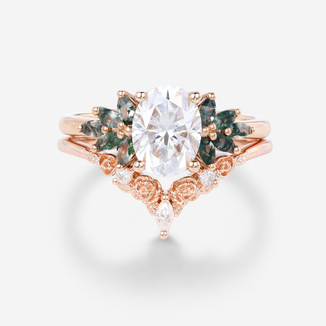 Oval Cut Moissanite+Moss Agate Rose Gold Wedding Bridal set