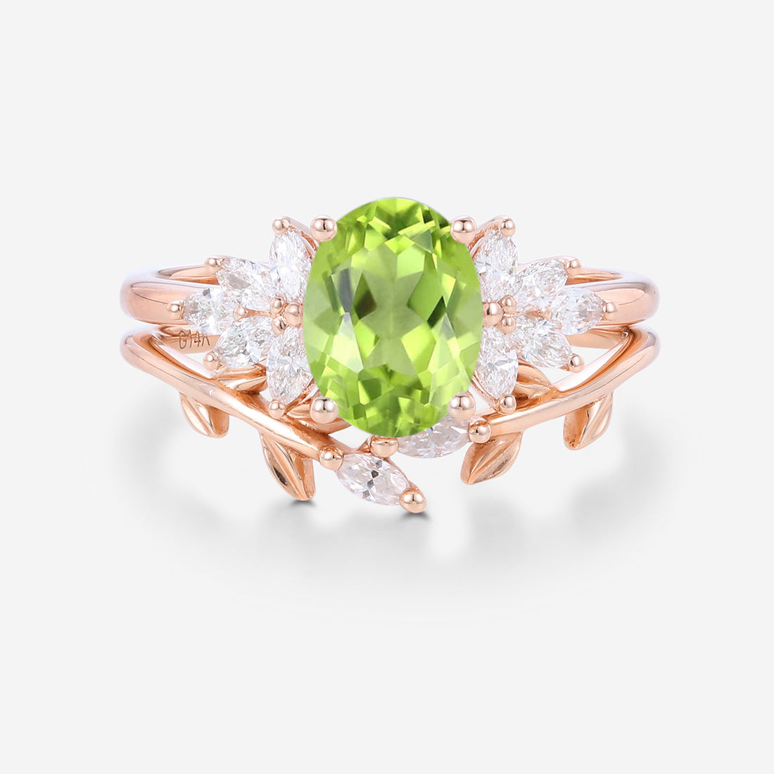 Oval cut Olivine Cluster Engagement ring Bridal Set