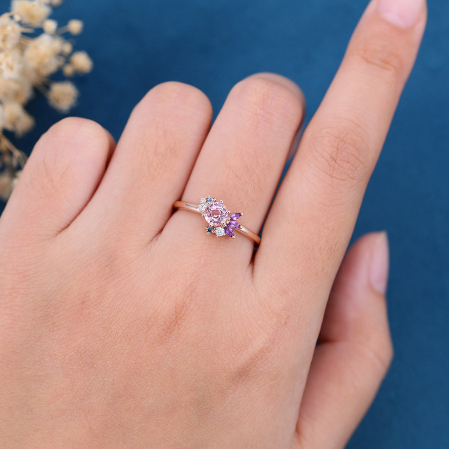 Inspired Round cut Lab grown Pink Sapphire Matching Diamond | Amethyst Solid Gold Engagement Ring