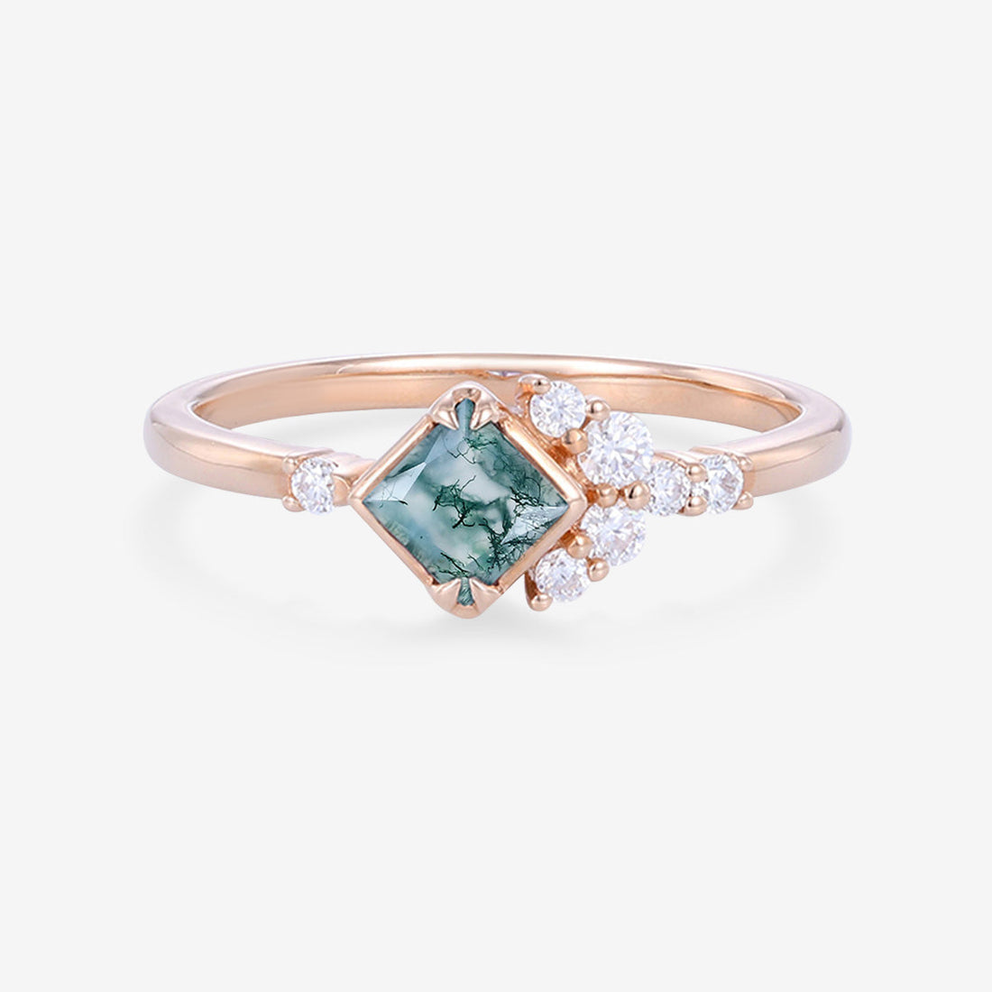 Princess Square  Cut Natural Green Moss Agate Cluster Engagement Ring