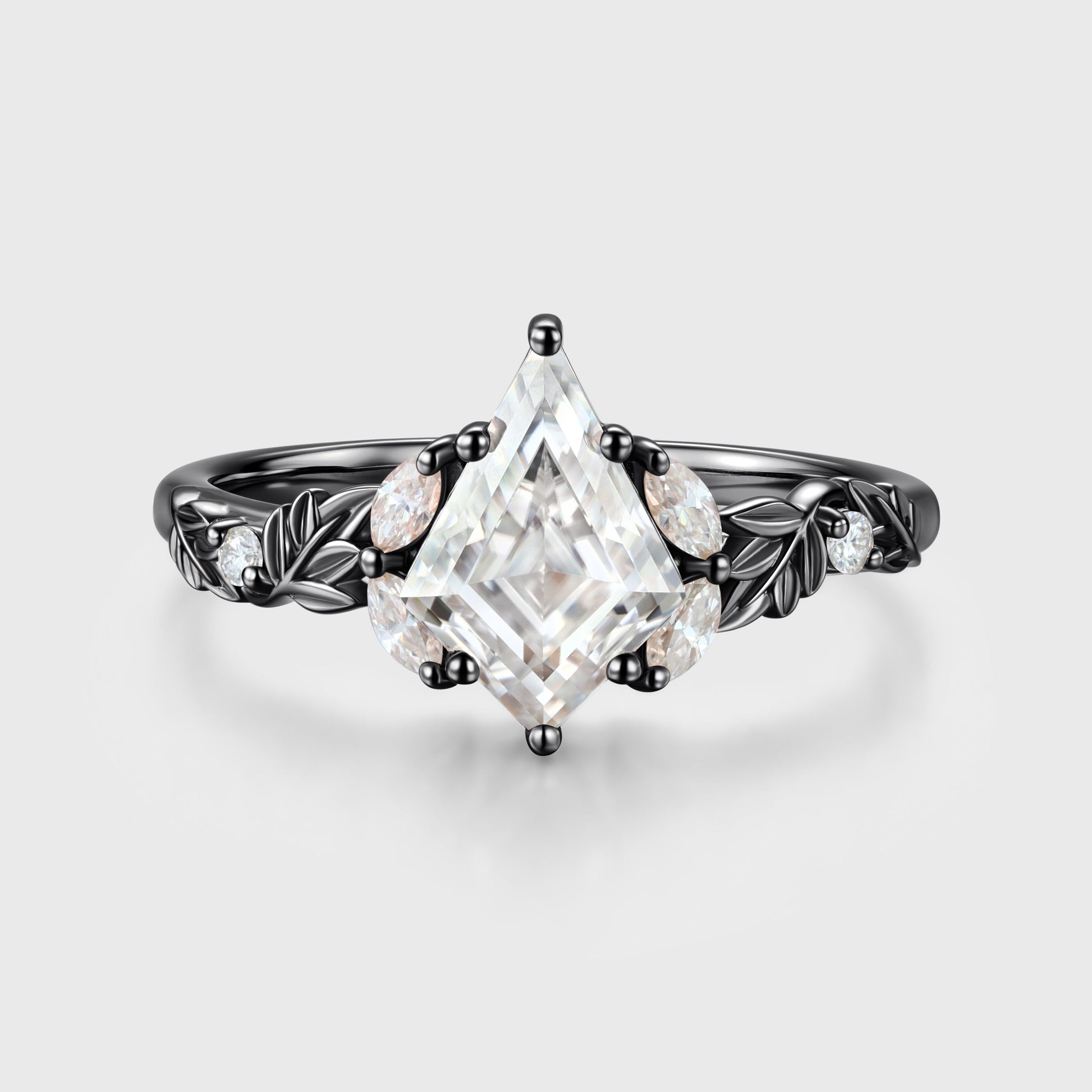 Nature Inspired Solid Gold Kite cut Moissanite Leaf Engagement Ring