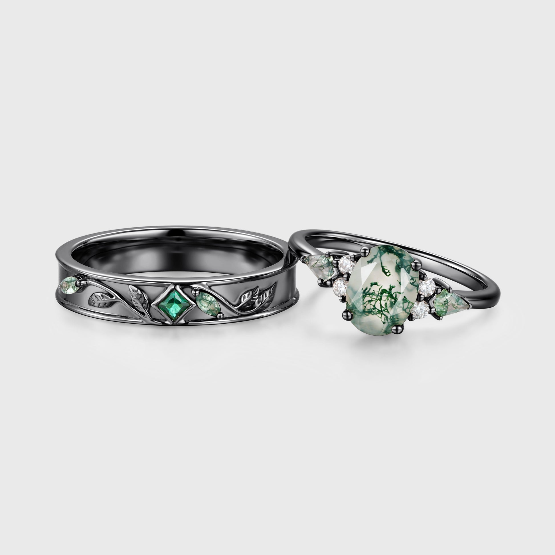 Forever Glow Moss Agate Couple Rings | Rose Gold Leaf Wedding Bridal Set