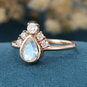 Bezel setting Pear cut Moonstone Halo Moissanite | Diamonds Gold Engagement Ring