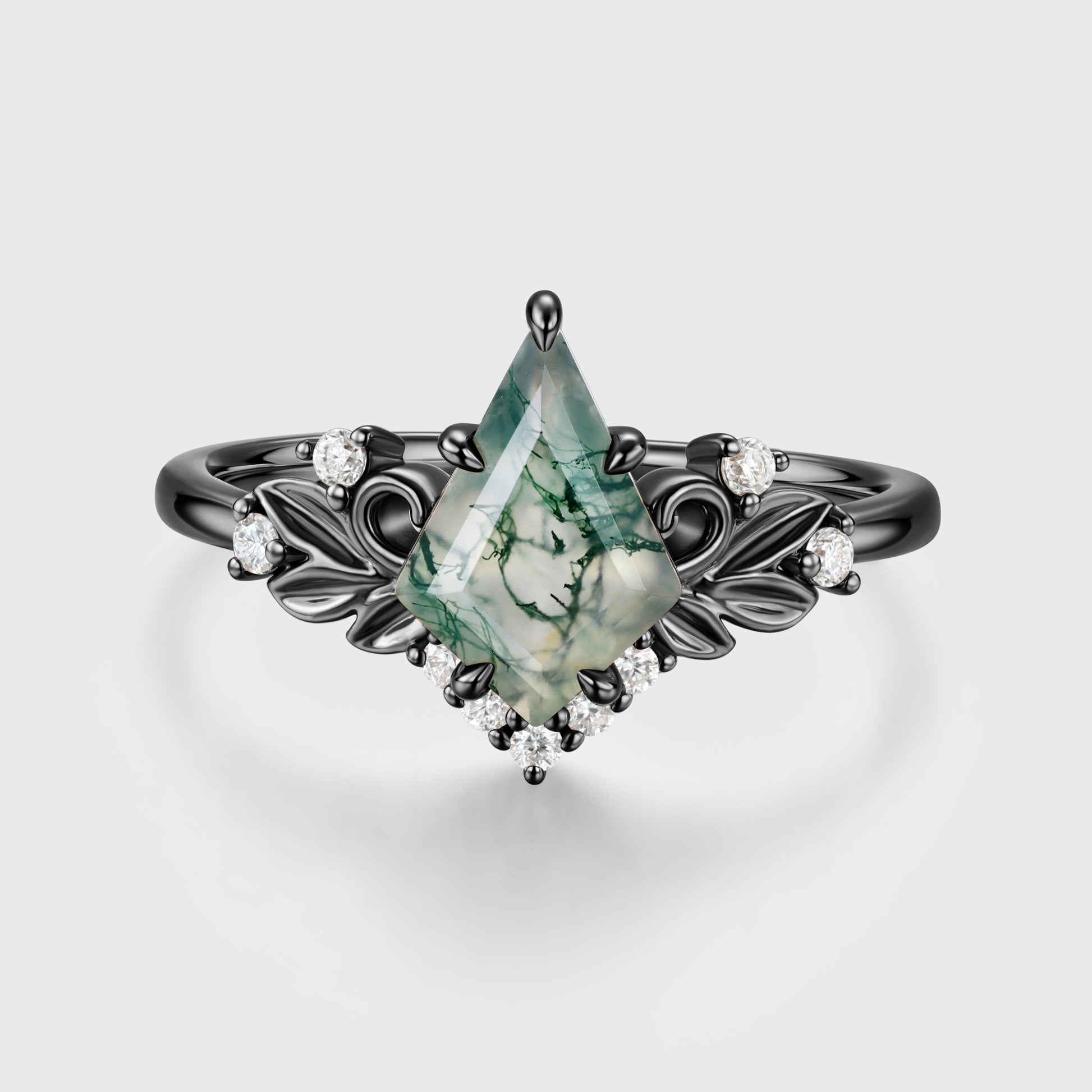 Nature Inspired Kite cut Moss Agate Leaf Gold Engagement Ring