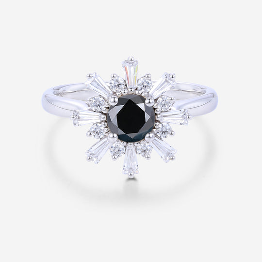 Round Black Onyx | Diamond Flower Baguette Engagement ring