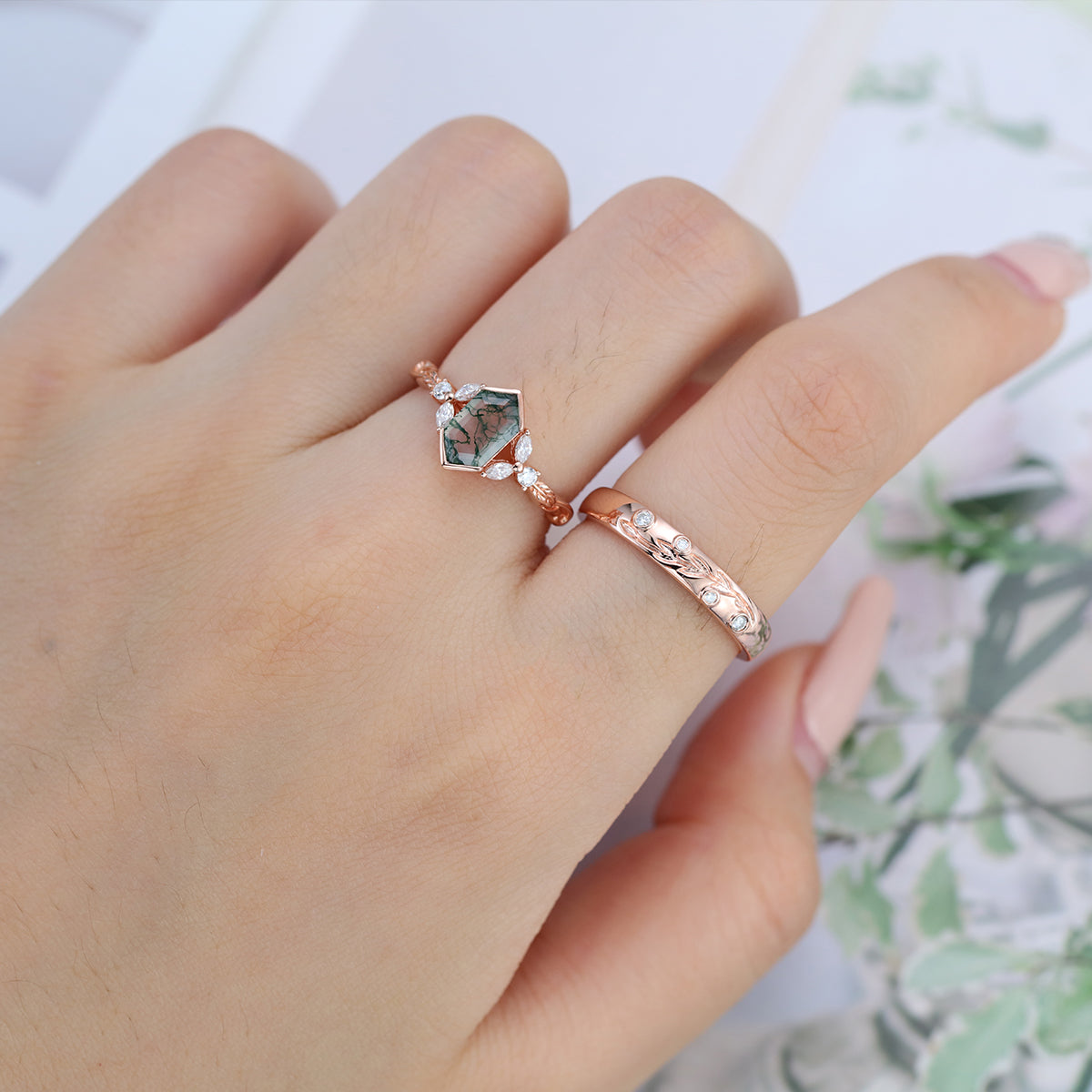 Long Hexagon cut Moss Agate + Diamonds Couple Ring Set His and Hers Wedding Bridal Set