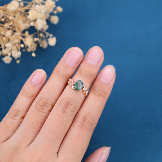 1.5Carat Oval Cut Moss Agate Leaf Engagement ring