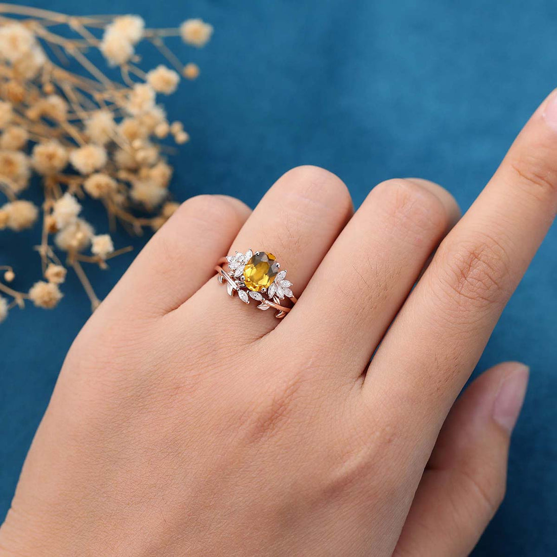 Oval cut Citrine Cluster Engagement ring Bridal Set