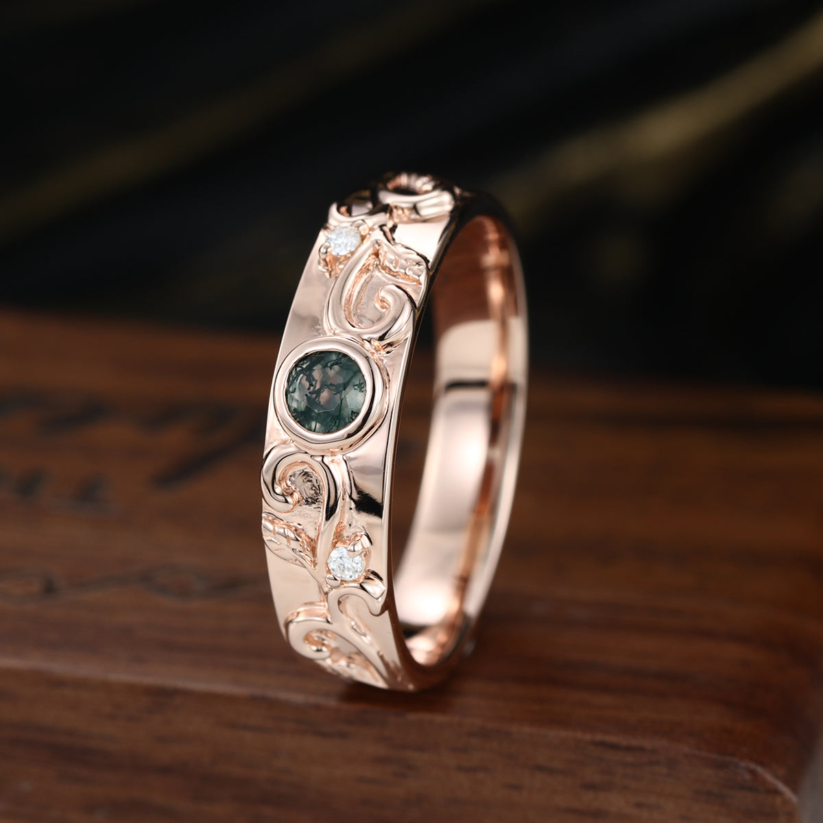 Luxury Men's Moss Agate Engagement Band - Solid gold men ring