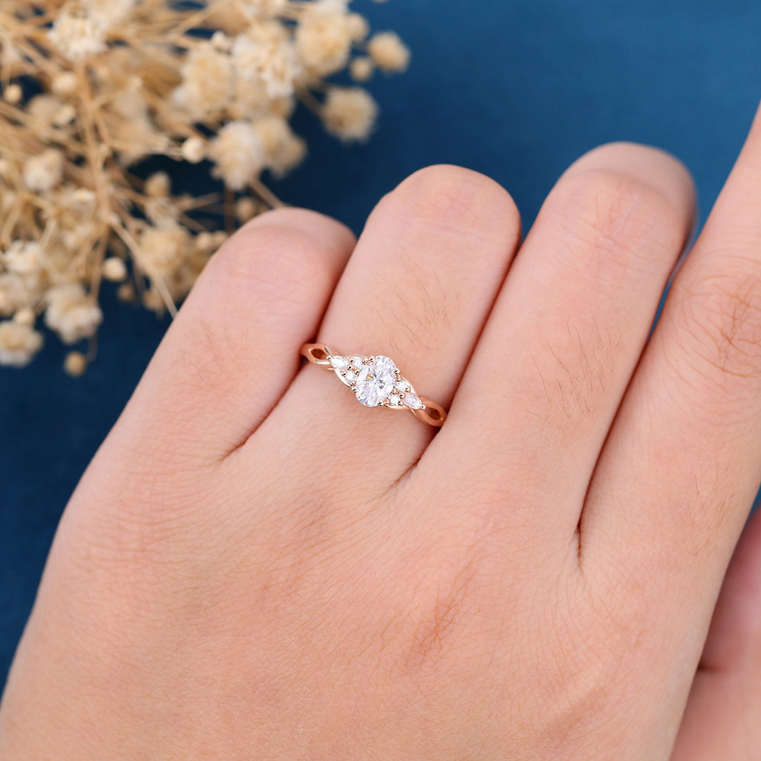 Oval cut Moissanite Cluster Engagement Ring