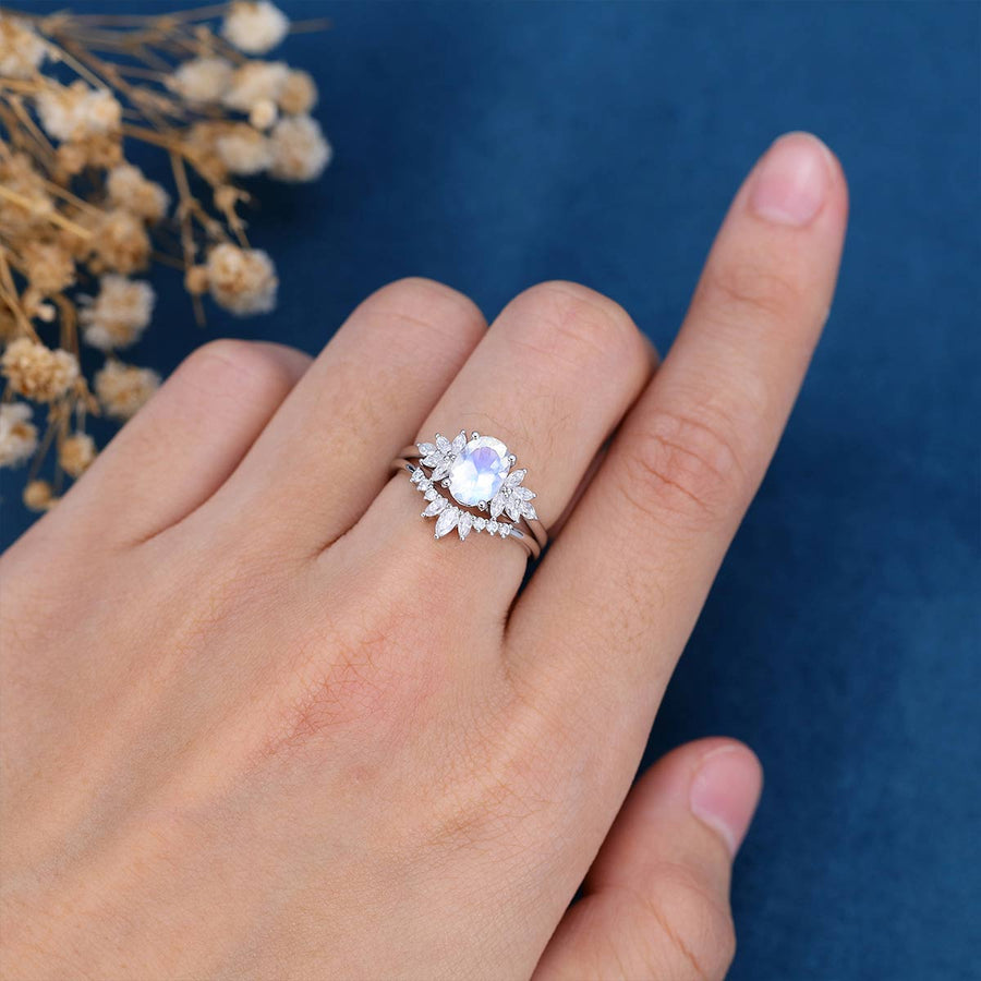 Oval cut Moonstone | Moissanite Cluster Engagement Bridal Set