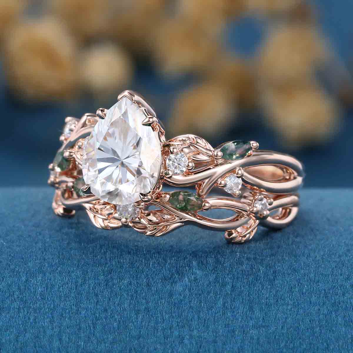Pear Cut Moissanite Engagement ring + Marquise Moss agate Wedding Bridal Set