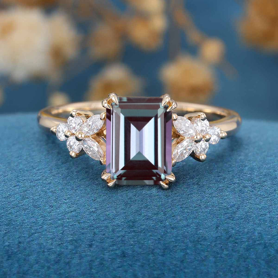 Emerald cut Lab Alexandrite | Diamond Engagement ring