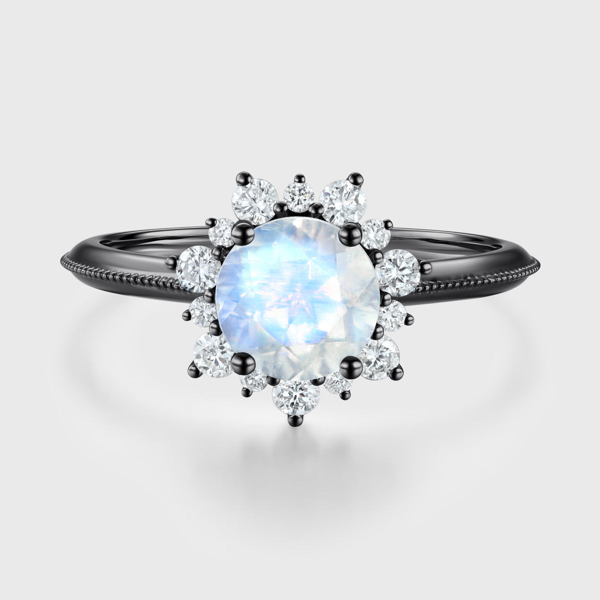 5mm Round cut Moonstone Flower Halo Engagement ring