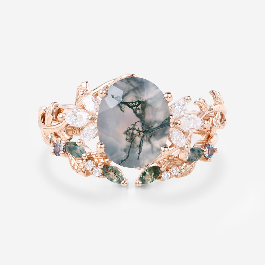 3.0Carat Oval Cut Moss Agate Rose gold leaf vine Marquise cut Moss+Moissanite Curve Wedding Band Set