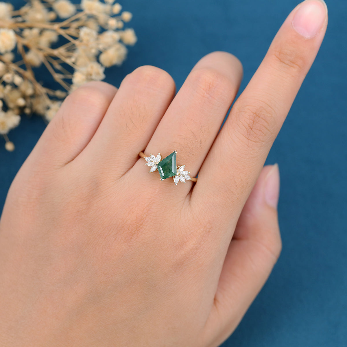 Nature Inspired Kite cut Moss Agate Leaf Gold Ring