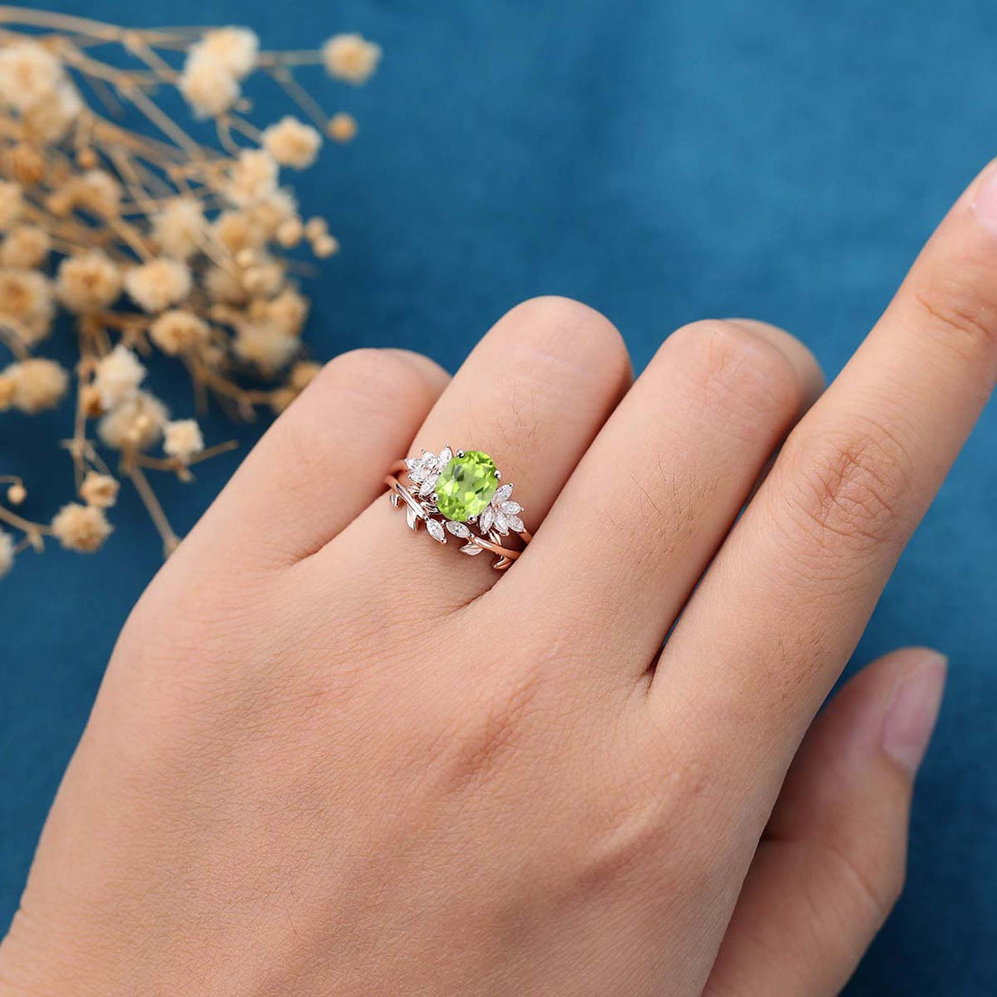 Oval cut Olivine Cluster Engagement ring Bridal Set