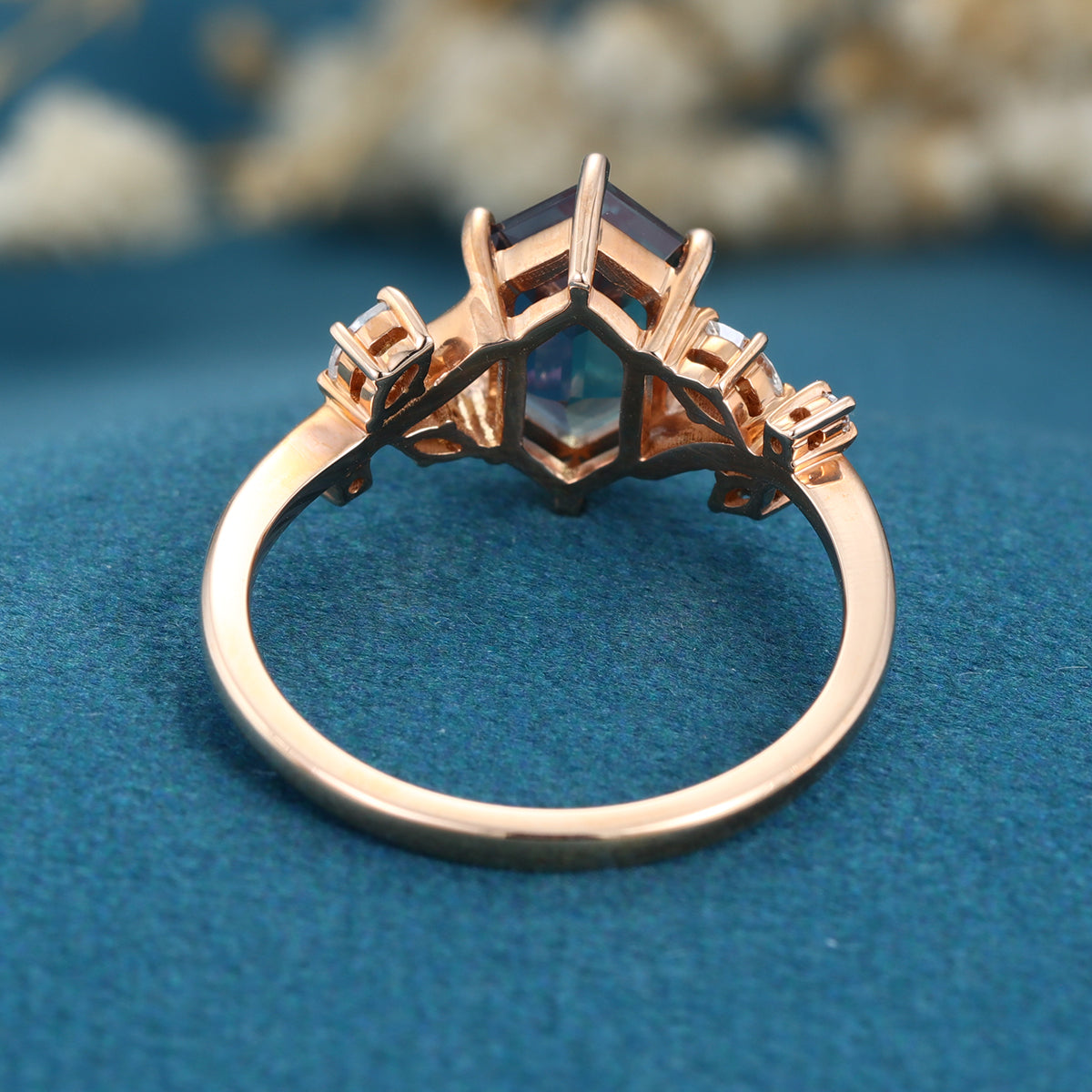 Hexagon cut Lab Alexandrite Solid Gold Engagement Ring