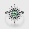 Bezel Set Round cut Halo Moss Agate Gold Engagement Ring
