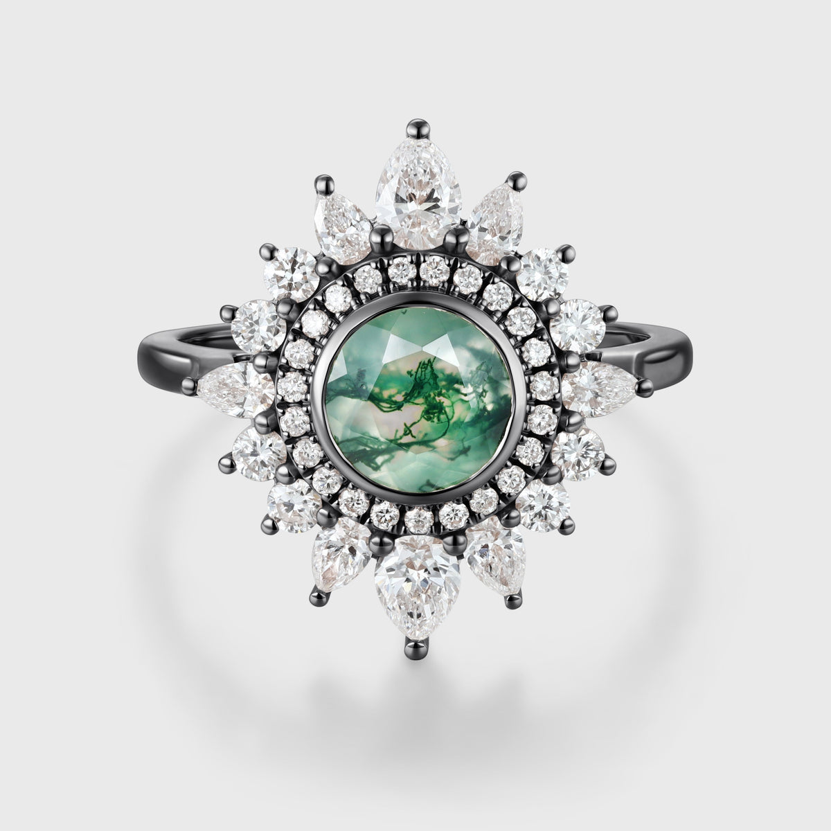 Bezel Set Round cut Halo Moss Agate Gold Engagement Ring