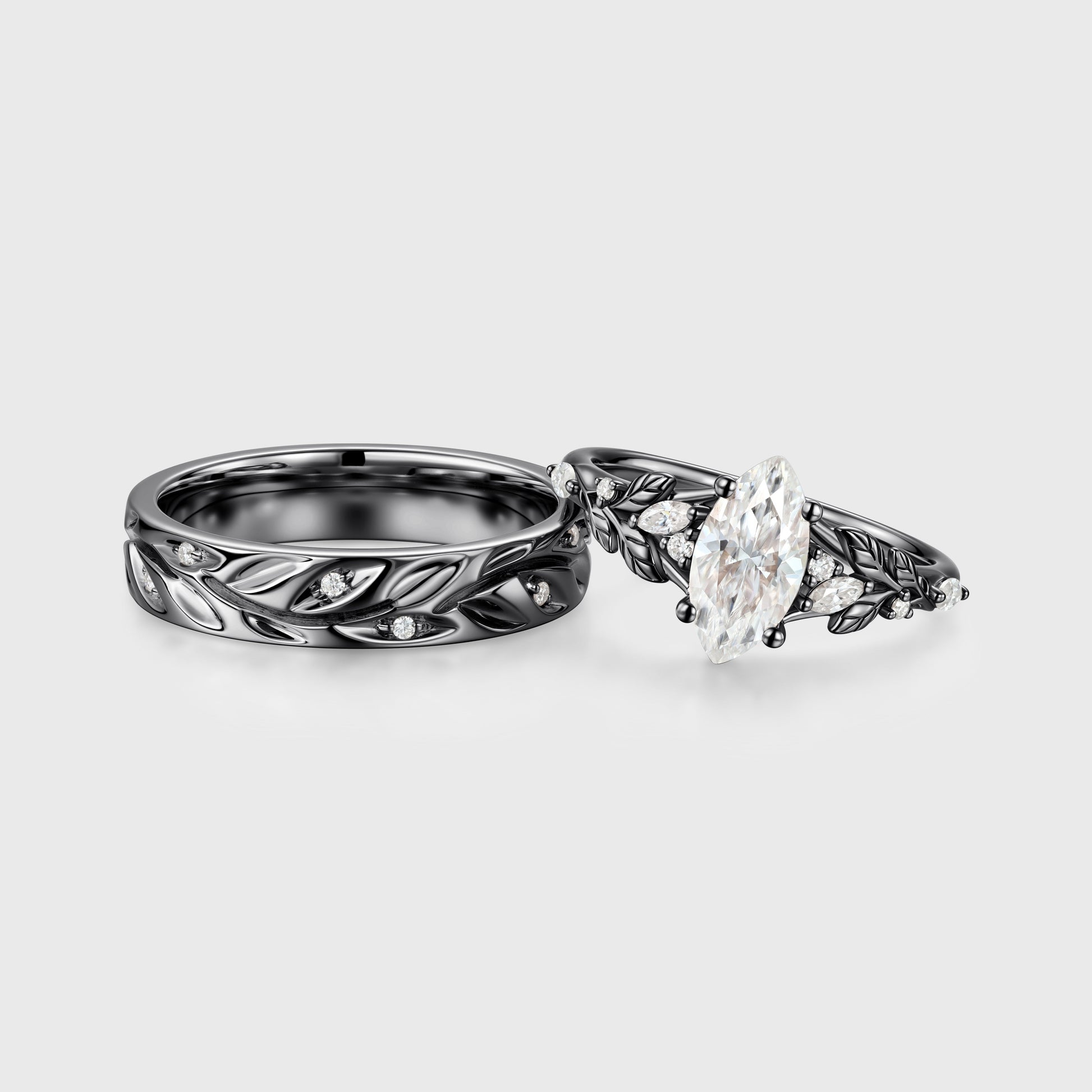 Marquise cut Moissanite Couple Rings | D Color VVS1 | Rose Gold Leaf Wedding Bridal Set