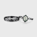 Long Hexagon cut Moss Agate + Diamonds Couple Ring Set His and Hers Wedding Bridal Set