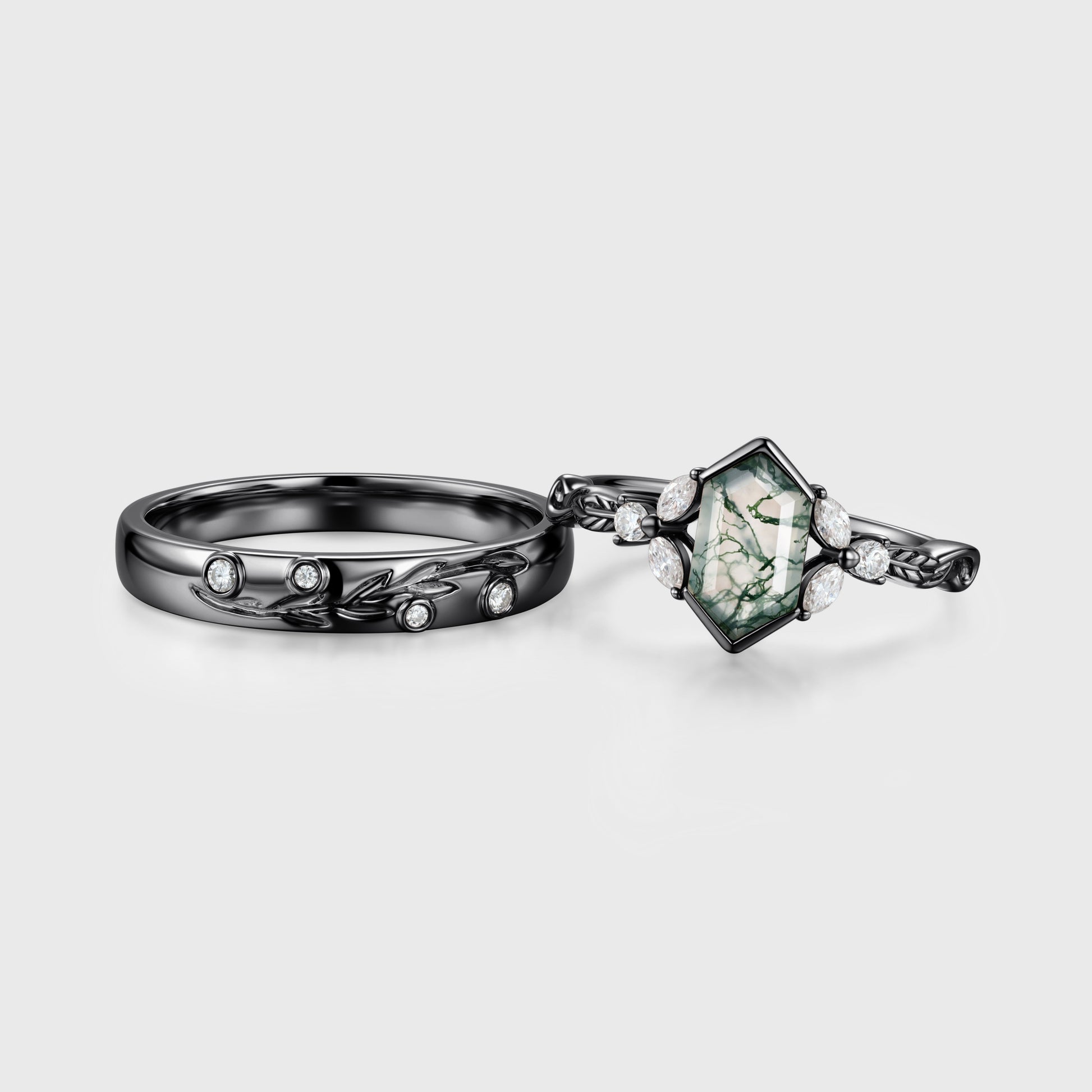 Long Hexagon cut Moss Agate + Diamonds Couple Ring Set His and Hers Wedding Bridal Set