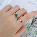 Forever Glow Moss Agate Couple Rings | Rose Gold Leaf Wedding Bridal Set