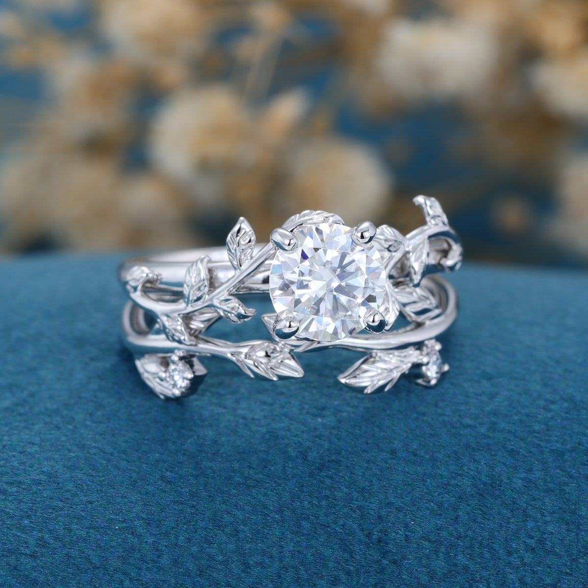 Round cut Moissanite Engagement ring White gold Diamond Wedding Bridal Set